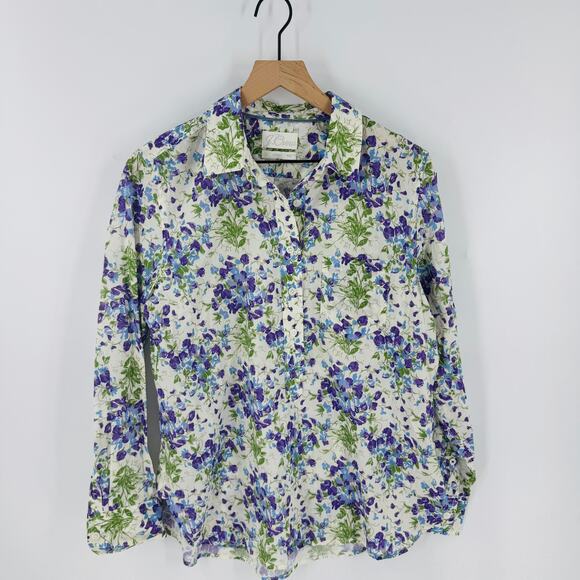 J. Crew Classic 100% Cotton White Purple Floral Long Sleeve Button Down Size 10 - Picture 1 of 7